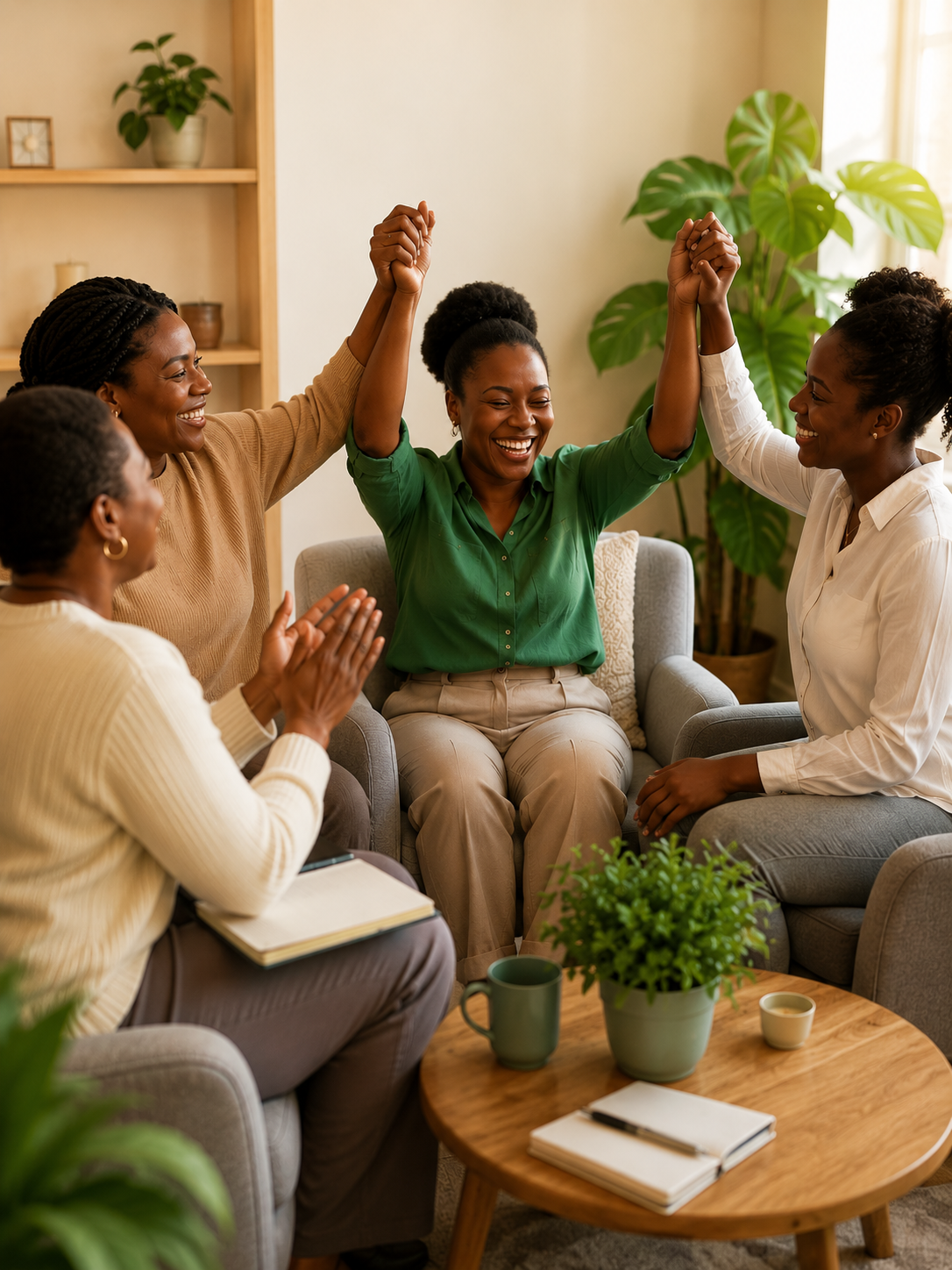 Women in a Wholeness Revolution mentorship circle, hands raised in celebration