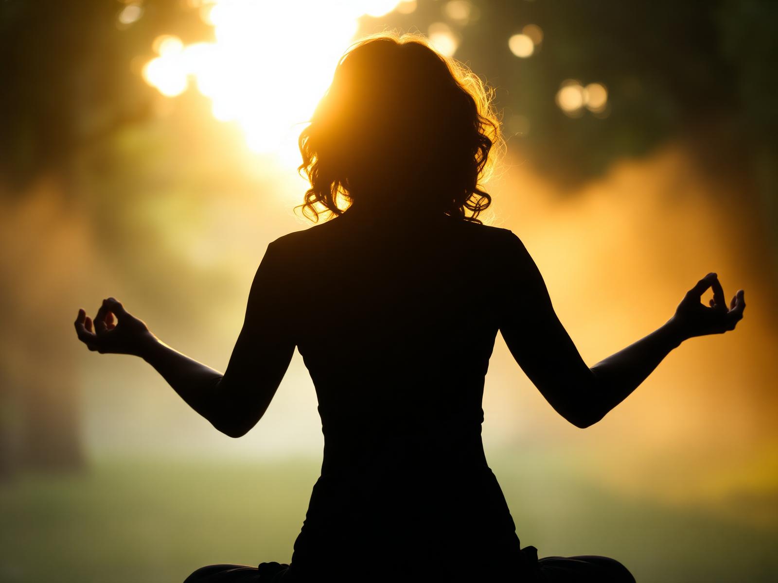 A woman finding peace at sunrise
